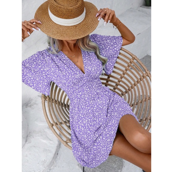 Purple Ditsy Floral Mini Dress V-Neck Butterfly Short Sleeve - Picture 5 of 8